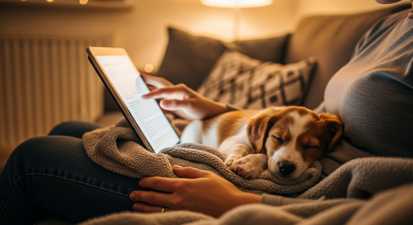 AI_IMAGE: A warm heartfelt scene of a small puppy sleeping peacefully in a person's lap while they read a document on a tablet, cozy living room with soft blankets and warm lamp light, gentle intimate moment of trust and safety, shallow depth of field with bokeh background | photorealistic | landscape