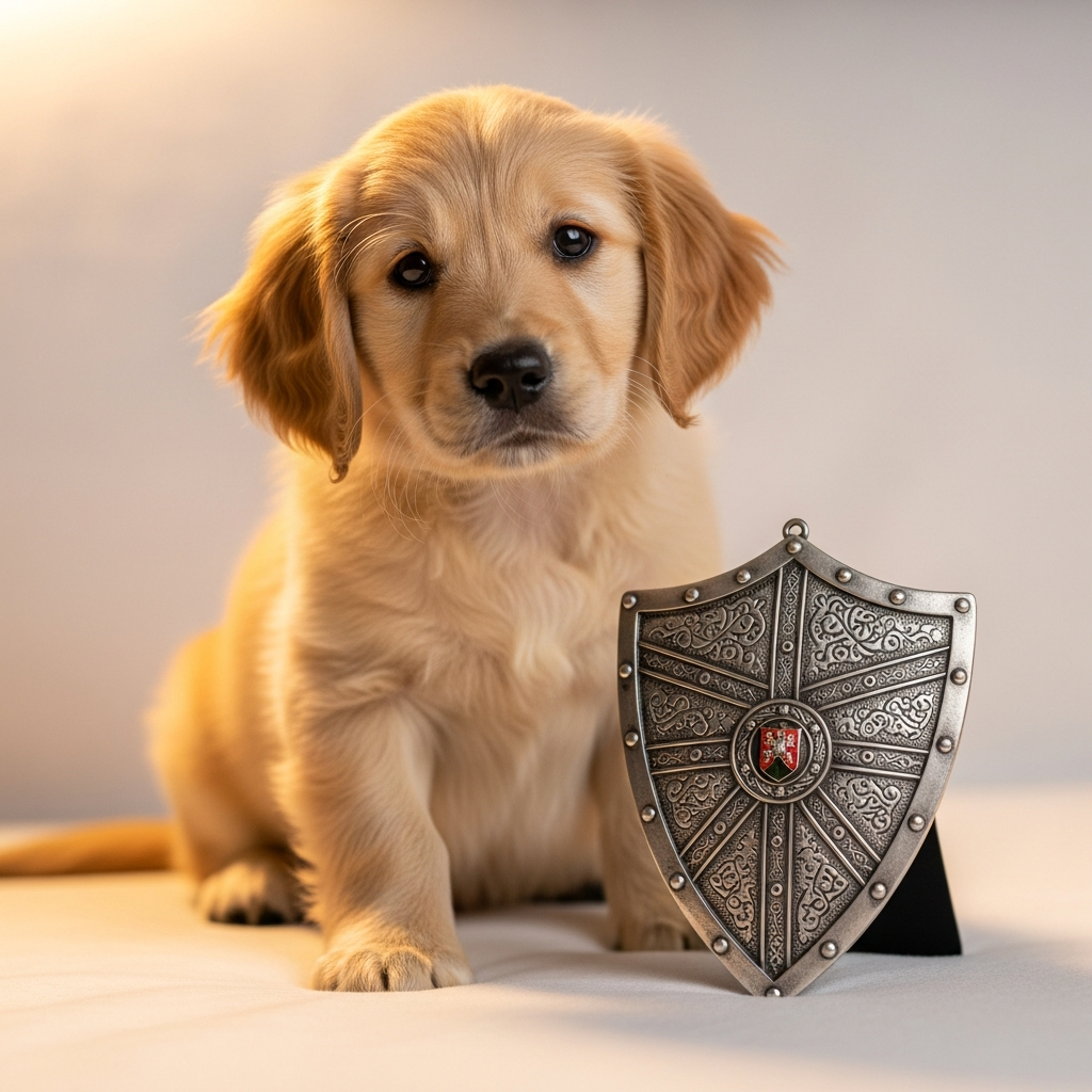AI_IMAGE: A small puppy sitting next to a miniature decorative shield ornament on a soft white surface, warm studio lighting, the puppy looking trustingly at the camera, metaphor for protection and safety, clean minimal composition | photorealistic | square