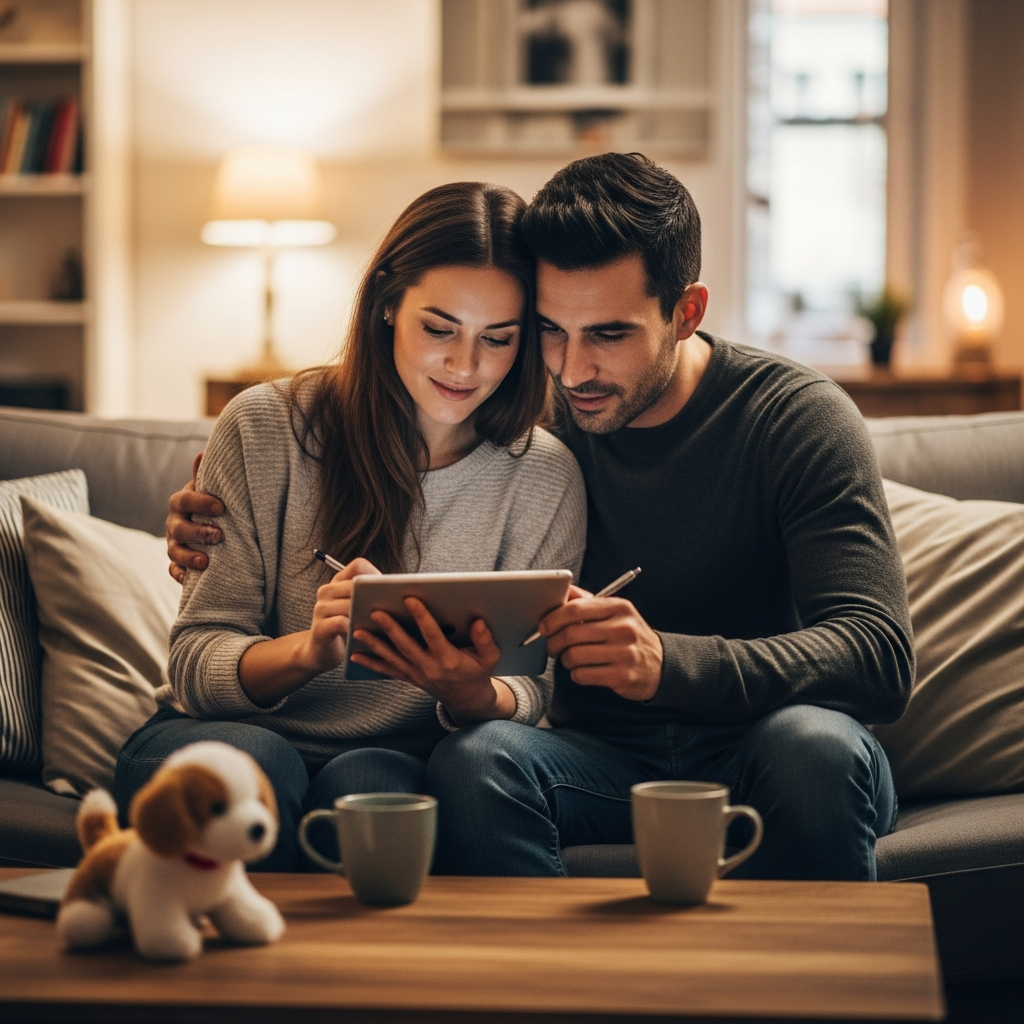 AI_IMAGE: A couple sitting together on a sofa filling out a form on a tablet device, warm living room with soft lighting, a small puppy toy visible on the coffee table, editorial lifestyle shot | photorealistic | square