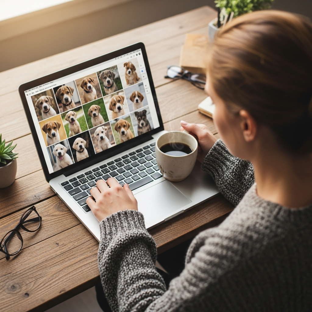 AI_IMAGE: A warm overhead shot of a young woman browsing puppy photos on a laptop at a cozy desk with a cup of coffee, soft natural window light, editorial lifestyle photography | photorealistic | square