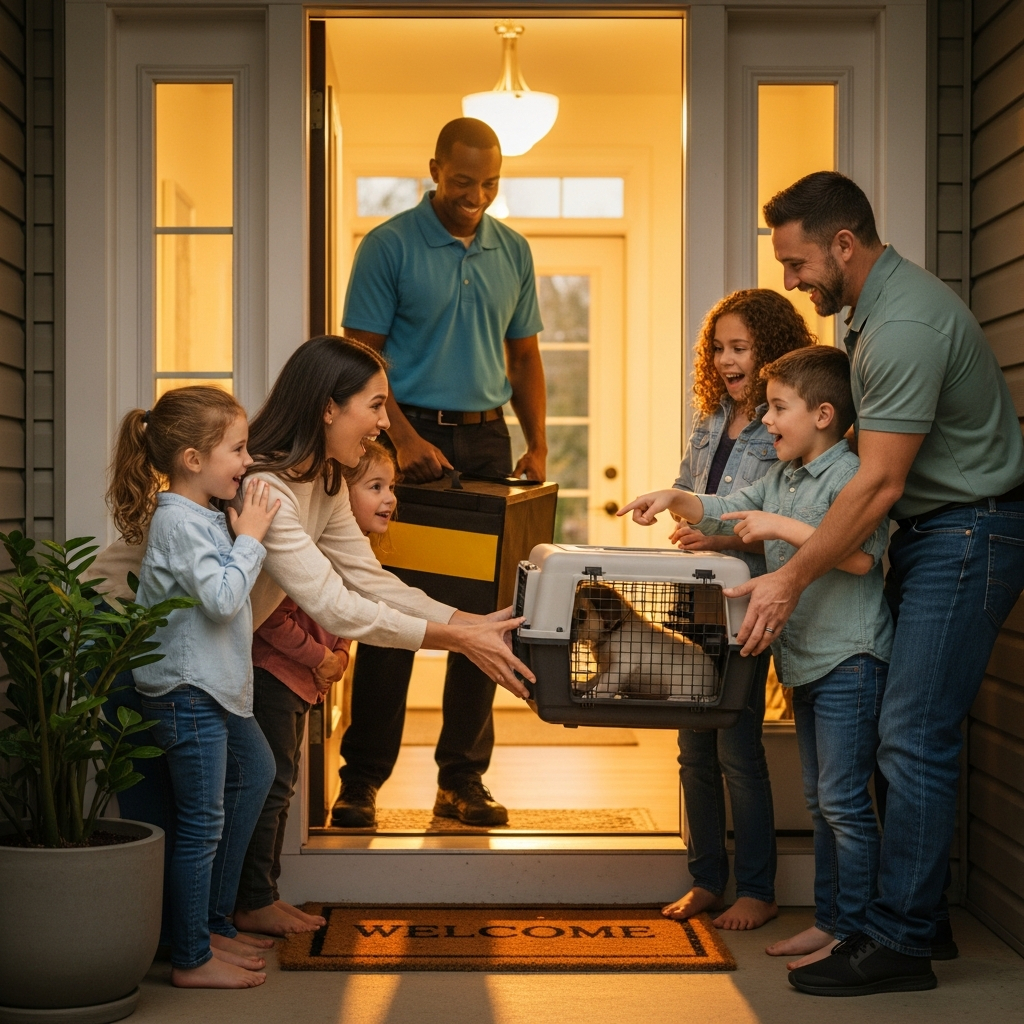AI_IMAGE: A happy family opening their front door to receive a small puppy in a comfortable travel crate from a delivery driver, suburban home porch, golden hour warm lighting, joyful candid moment, editorial lifestyle photography | photorealistic | square