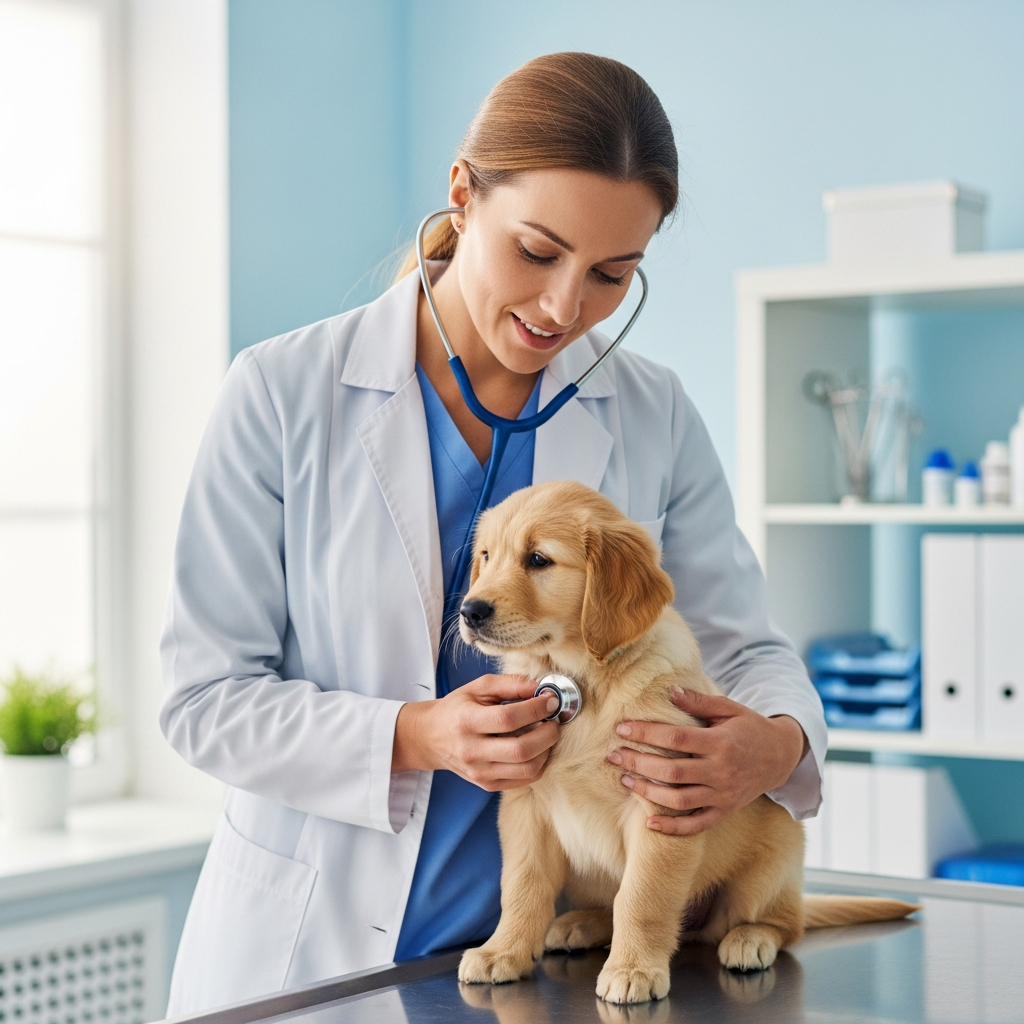 AI_IMAGE: A veterinarian in a white coat gently examining a small puppy on an examination table, stethoscope around neck, bright clean veterinary clinic, warm editorial documentary style | photorealistic | square