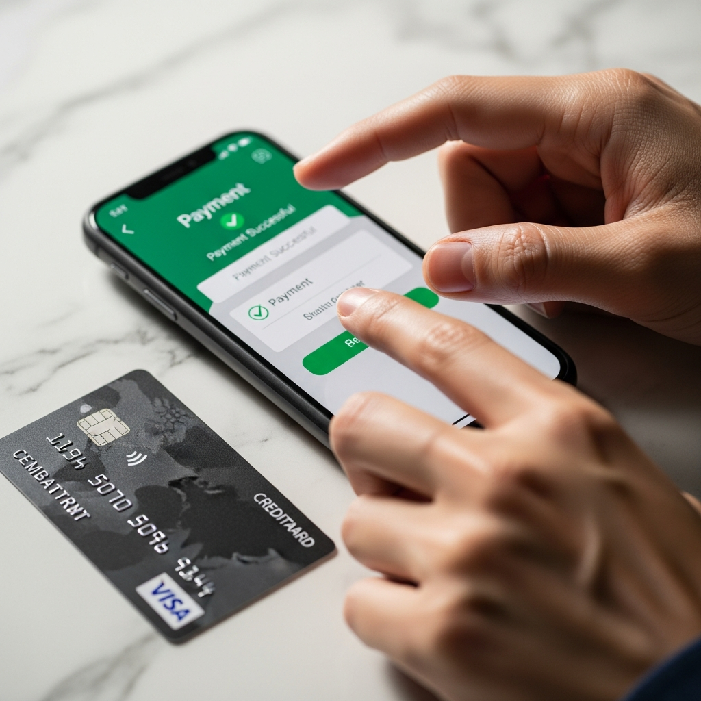 AI_IMAGE: A close-up of hands completing a secure payment on a smartphone, credit card beside the phone on a clean marble surface, soft studio lighting, modern and trustworthy editorial product shot | photorealistic | square