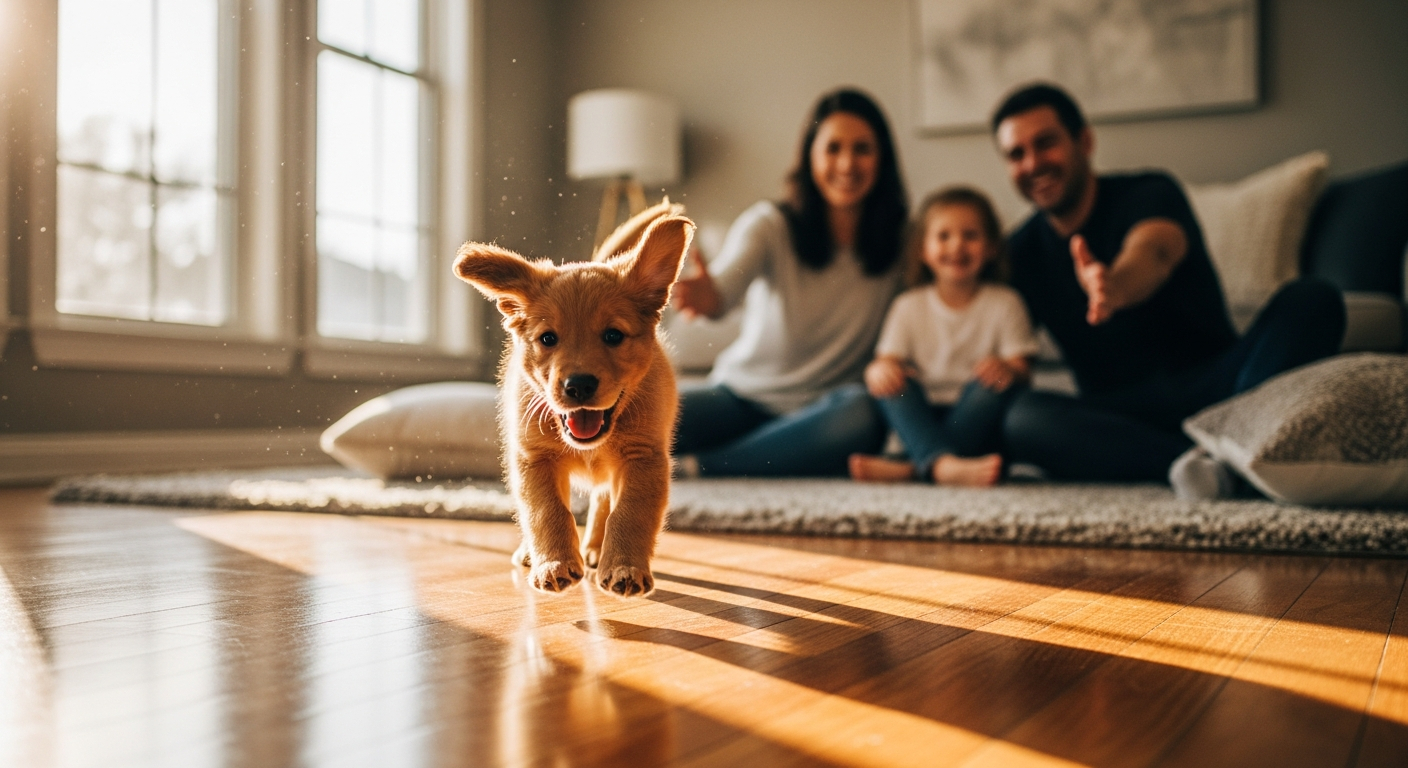 AI_IMAGE: A wide-angle shot of a small puppy running joyfully across a living room floor toward a family sitting on the floor with open arms, warm natural light pouring through large windows, bokeh background, emotional candid editorial photography | photorealistic | landscape