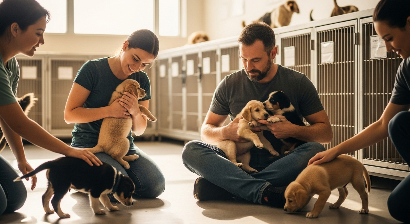 AI_IMAGE: A candid photo of volunteers at an animal shelter gently handling puppies, warm natural lighting, clean facility with kennels in background, compassionate scene with genuine emotion | photorealistic | landscape