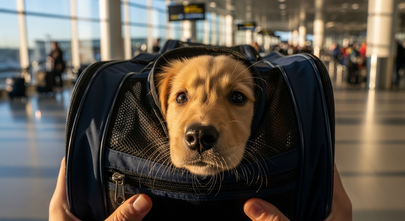 AI_IMAGE: Close-up of a puppy peeking out from an airline-approved soft-sided carrier held by a person in an airport concourse, warm natural daylight, editorial documentary tone | photorealistic | landscape