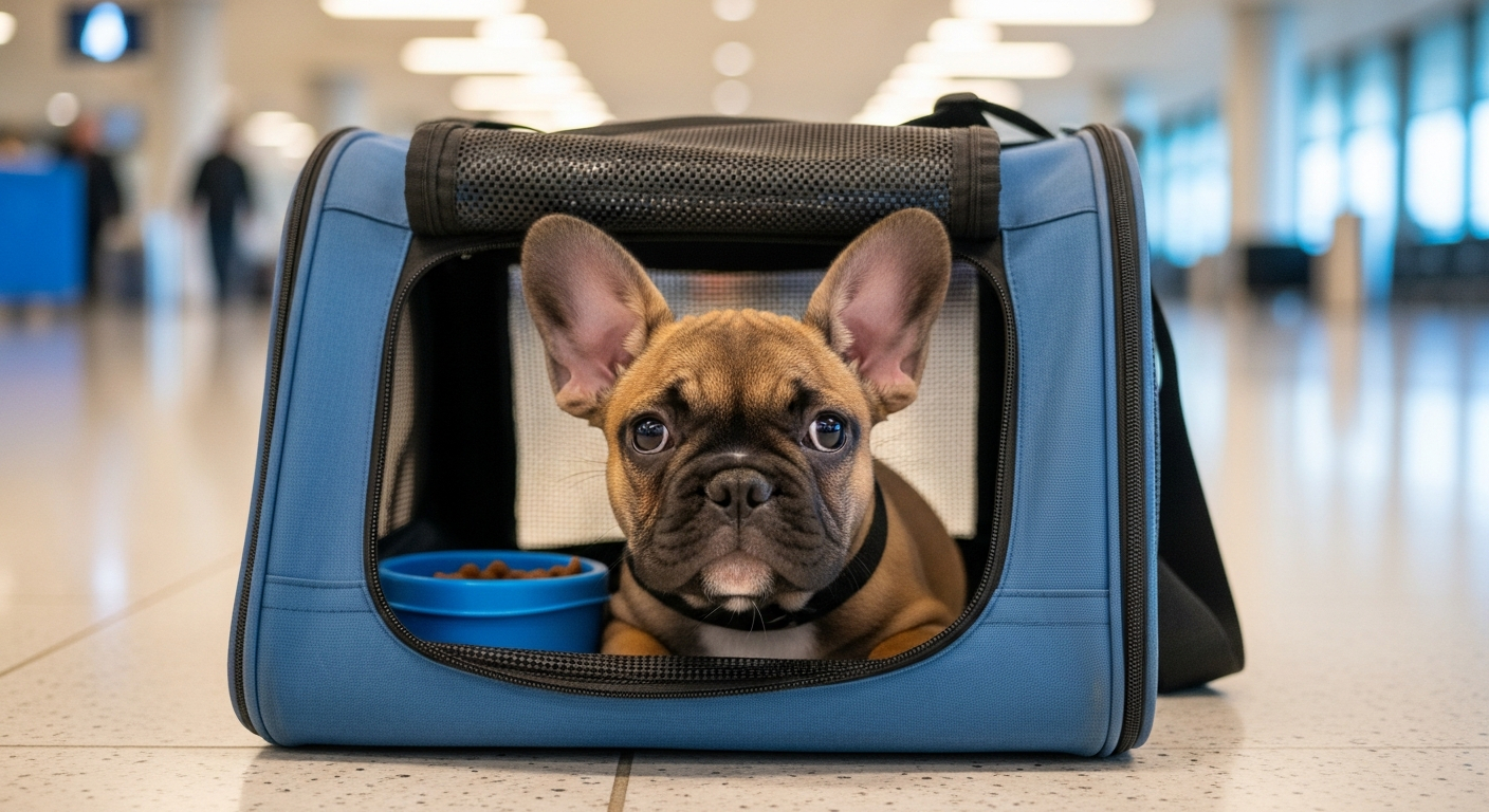 AI_IMAGE: A small French bulldog puppy inside a clean airline-approved pet carrier at an airport terminal, soft overhead lighting, shallow depth of field, calm and safe atmosphere | photorealistic | landscape