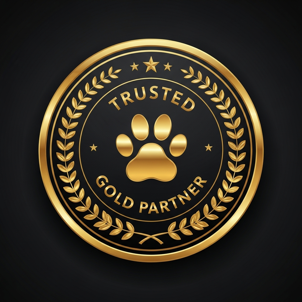 AI_IMAGE: A circular gold badge with ornate golden laurel wreath border, a puppy paw print in the center, text reading Trusted Gold Partner on a dark background, premium emblem design, metallic gold accents, clean vector-style rendering | digital-art | square