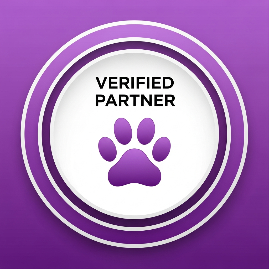AI_IMAGE: A circular purple badge with a clean modern border, a puppy paw print in the center, text reading Verified Partner on a white background, professional emblem design, violet and white color scheme, clean vector-style rendering | digital-art | square