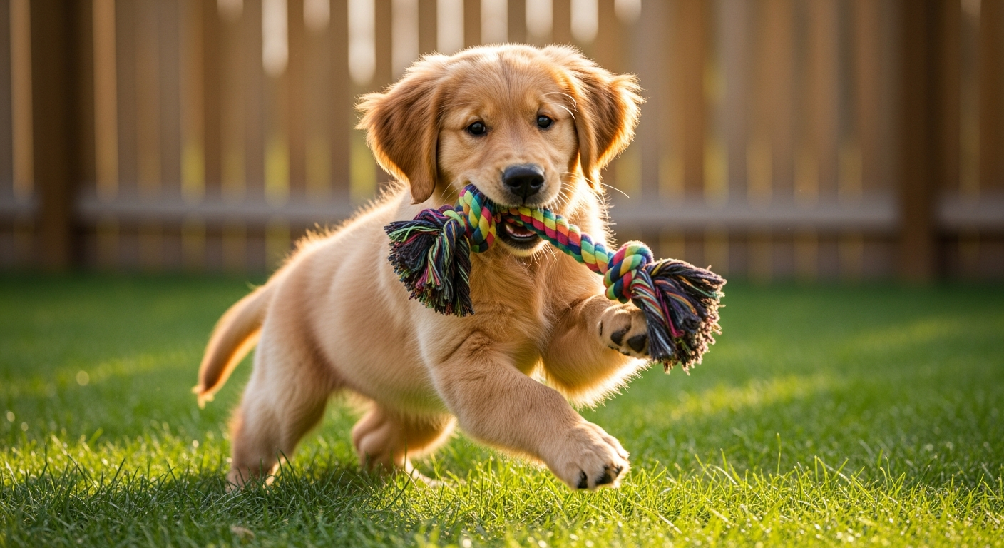AI_IMAGE: A golden retriever puppy playing with a rope toy on green grass in a fenced backyard, natural afternoon sunlight casting warm highlights on the fur, action shot mid-pounce | photorealistic | landscape