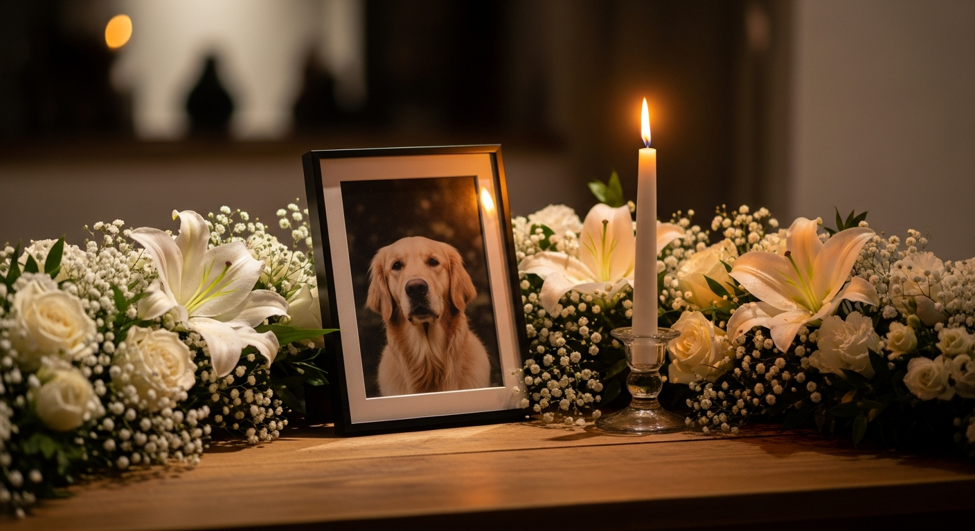 AI_IMAGE: A soft, dimly lit memorial setting with a framed photo of a golden retriever surrounded by white flowers and a single lit candle on a wooden table, warm candlelight glow, gentle somber atmosphere, shallow depth of field, elegant tribute photography | photorealistic | landscape