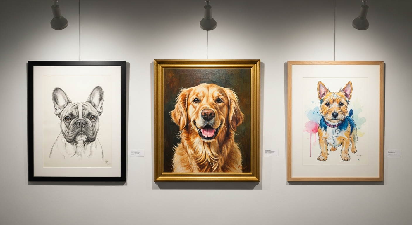 AI_IMAGE: Three framed pet portraits displayed on a light wall, one in oil painting style showing a golden retriever, one in pencil sketch showing a French bulldog, and one in watercolor showing a small terrier, professional art gallery presentation, warm gallery lighting, elegant memorial art display | photorealistic | landscape