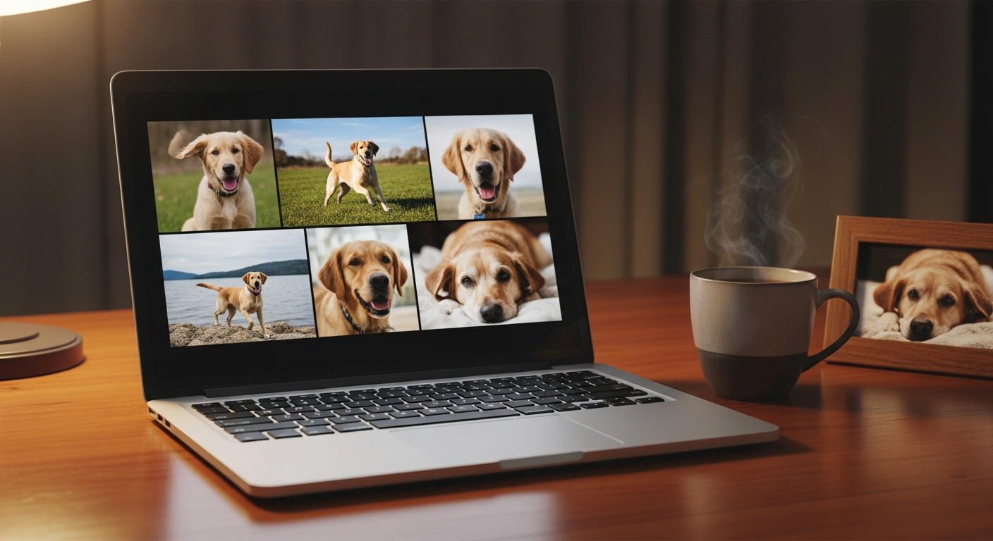 AI_IMAGE: A laptop screen showing a beautiful memorial photo slideshow of a beloved dog through the years, photos of puppy stage through senior years displayed on screen, soft warm lighting on a wooden desk with a cup of tea beside the laptop, gentle reflective atmosphere | photorealistic | landscape