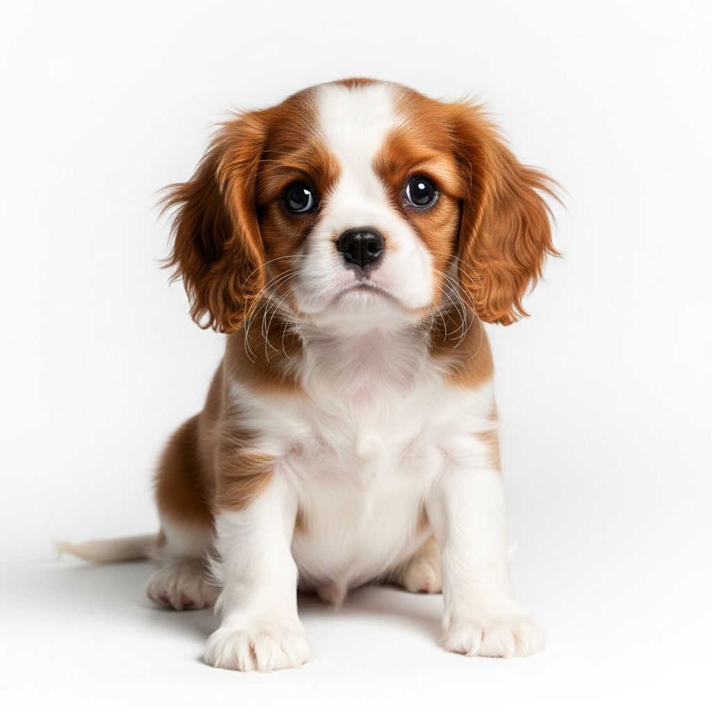 AI_IMAGE: A sweet Cavalier King Charles Spaniel puppy with chestnut and white coat sitting on a white background, studio portrait with gentle lighting, big round eyes looking at camera | photorealistic | square