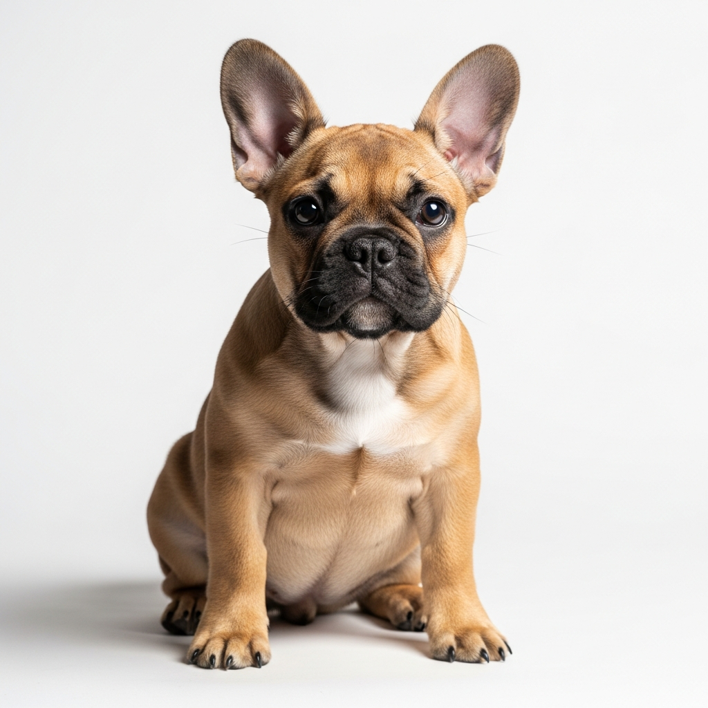 AI_IMAGE: An adorable fawn French Bulldog puppy sitting on a white background, studio portrait with soft lighting, compact build with signature bat ears, looking playfully at camera | photorealistic | square