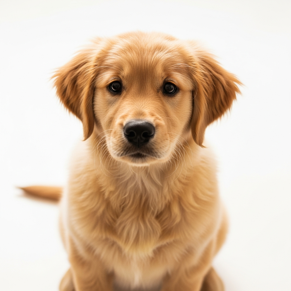 AI_IMAGE: A fluffy golden retriever puppy sitting on a white background, studio portrait with soft lighting, warm tones, looking directly at camera with expressive brown eyes | photorealistic | square