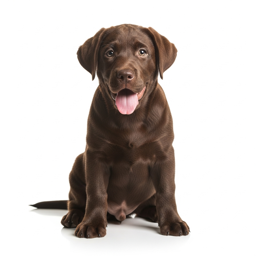 AI_IMAGE: A chocolate Labrador Retriever puppy sitting on a white background, studio portrait with soft warm lighting, glossy coat, tongue out happily, looking at camera | photorealistic | square