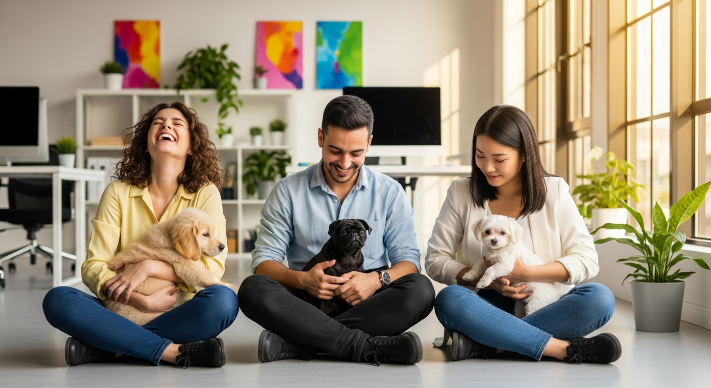 AI_IMAGE: A vibrant photo of three young professionals sitting cross-legged on the floor of a bright modern office space, each holding a different adorable puppy, laughing and genuinely enjoying the moment, colorful office decor with plants and warm natural light, candid joyful workplace culture photograph, authentic energy | photorealistic | landscape