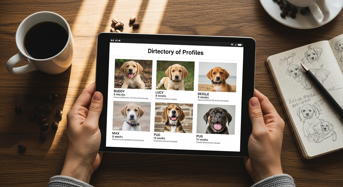 AI_IMAGE: A tablet screen showing puppy profiles with photos and details held by hands over a wooden table with coffee and notes, overhead angle, warm natural light, editorial flat lay | photorealistic | landscape