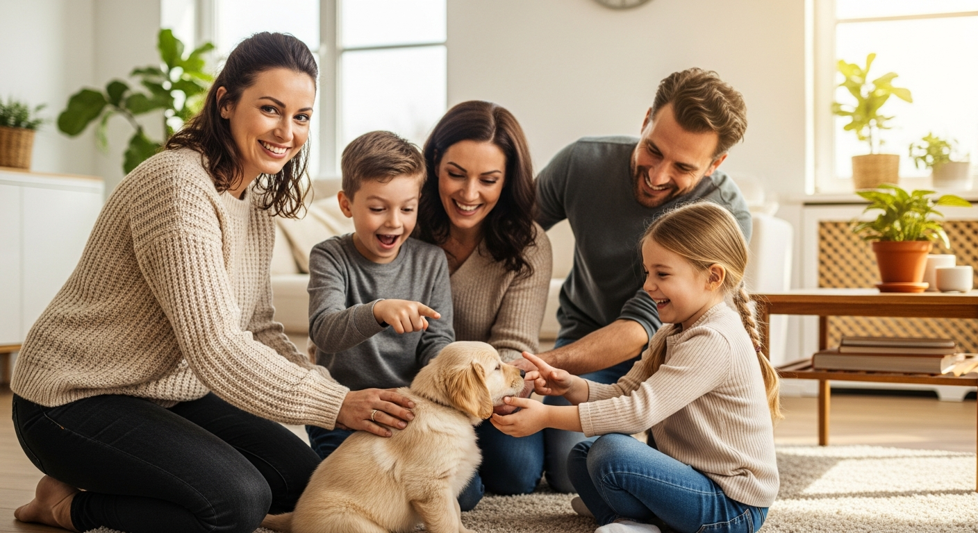 AI_IMAGE: A friendly woman in smart casual clothing kneeling beside a family of four as they meet a small puppy for the first time in a bright modern space, warm candid documentary photography, genuine emotion | photorealistic | landscape