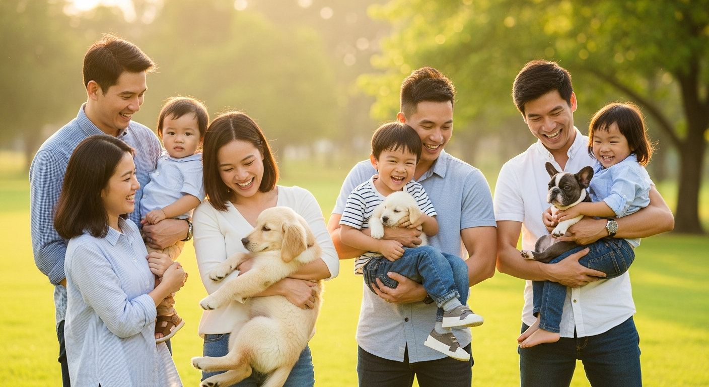AI_IMAGE: A joyful multicultural group of happy families in a bright sunny park, two families each with parents and young children laughing and playing with adorable puppies, one family holding a golden retriever puppy and another cuddling a small French bulldog puppy, everyone genuinely smiling and radiating warmth and happiness, bright golden hour sunlight, lush green grass and trees in soft background, authentic candid family joy with real emotional connection, professional outdoor lifestyle photography | photorealistic | landscape