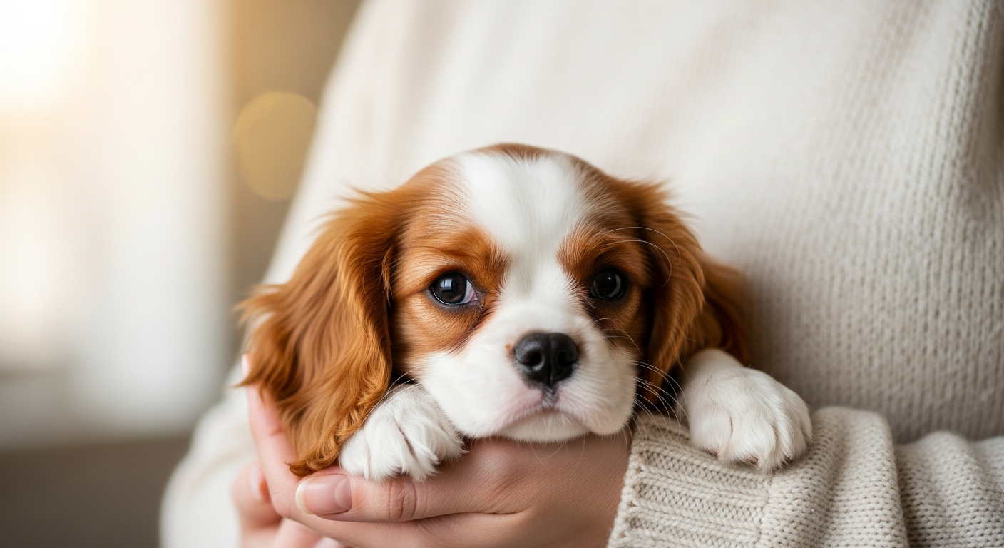 AI_IMAGE: A Cavalier King Charles Spaniel puppy with Blenheim markings being gently held against a person's chest, only the person's hands and sweater visible, warm intimate close-up, soft focus background, cozy natural light | photorealistic | landscape