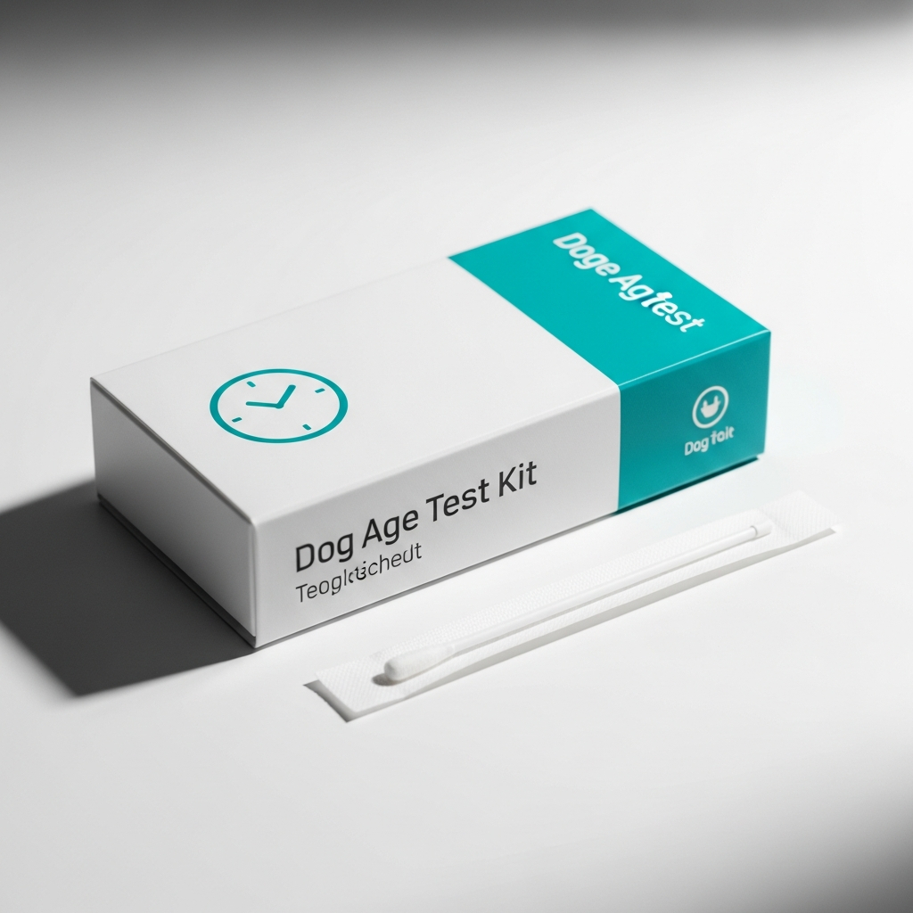 AI_IMAGE: A professional product photo of a dog age test kit on a white surface, modern sleek packaging with teal accents and a clock icon, a cheek swab beside the box, clean commercial product photography, soft studio lighting | photorealistic | square