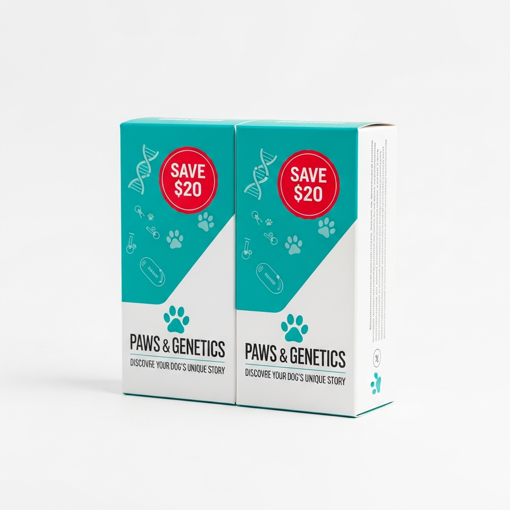 AI_IMAGE: Two dog DNA test kit boxes arranged side by side on a clean white surface, modern teal and white packaging with a red savings badge, professional commercial product photography, bright even studio lighting | photorealistic | square