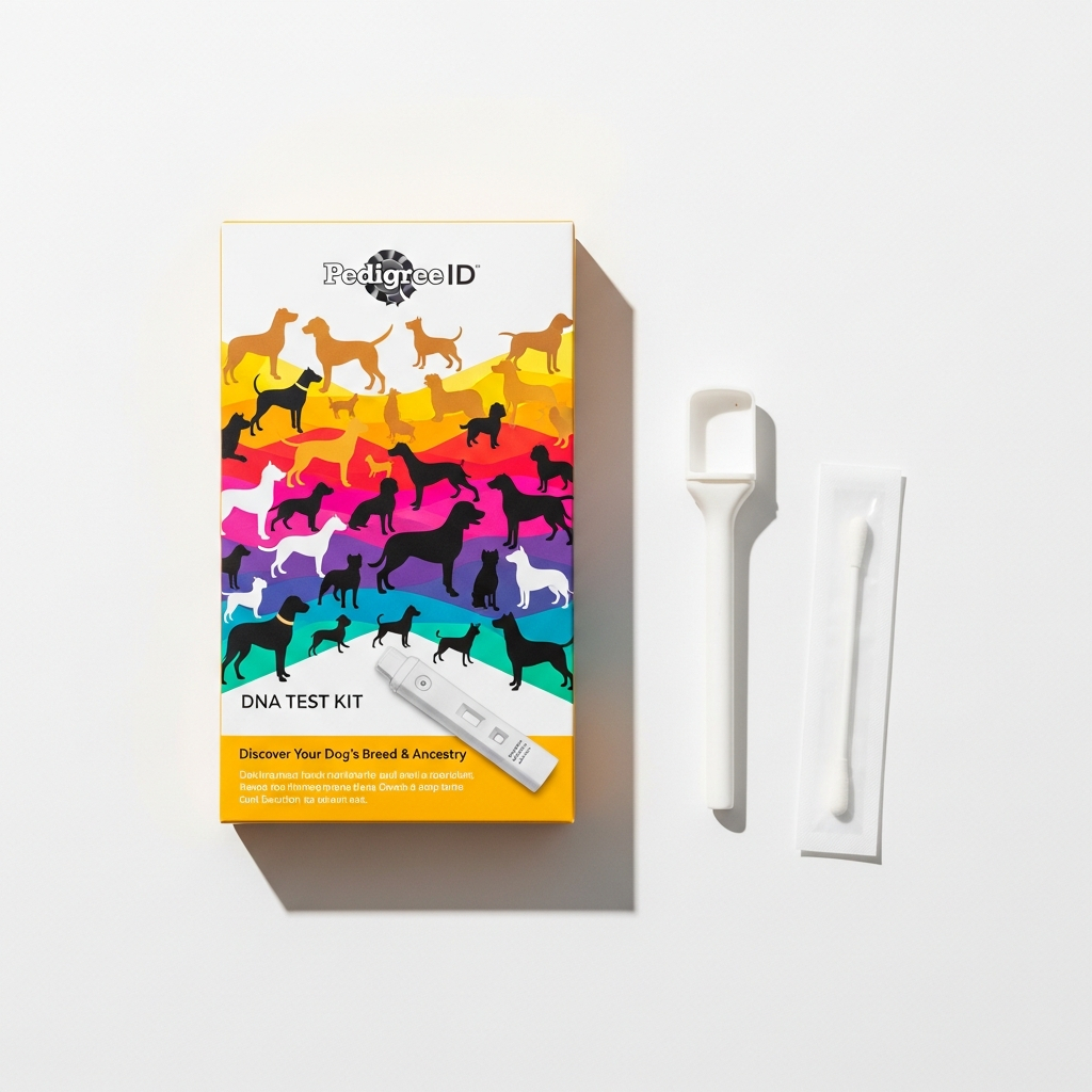 AI_IMAGE: A professional product photo of a dog breed identification DNA test kit on a clean white surface, colorful modern packaging showing a variety of dog silhouettes, cheek swab collection tool, bright studio lighting, minimalist commercial photography | photorealistic | square