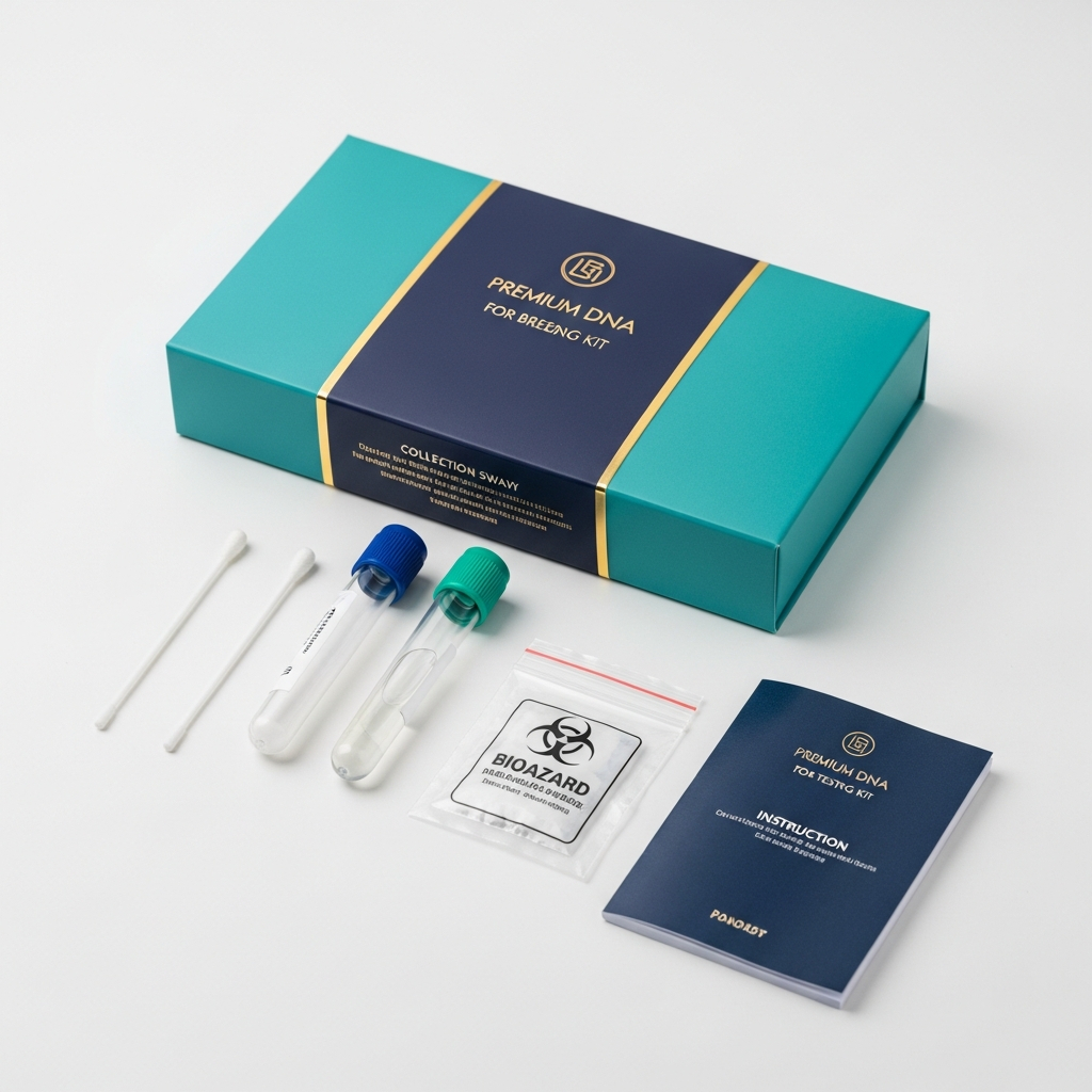 AI_IMAGE: A professional product photo of a breeder-focused dog DNA testing kit with premium packaging on a clean white surface, multiple test tubes and a collection swab arranged neatly, teal and navy branding, commercial product photography | photorealistic | square