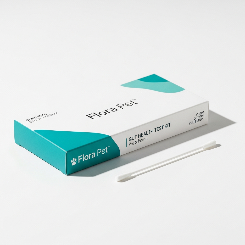 AI_IMAGE: A professional product photo of a pet gut health test kit box on a clean white surface, modern packaging design with teal and white branding, a cotton swab collection tool beside it, bright studio lighting, minimalist commercial photography | photorealistic | square