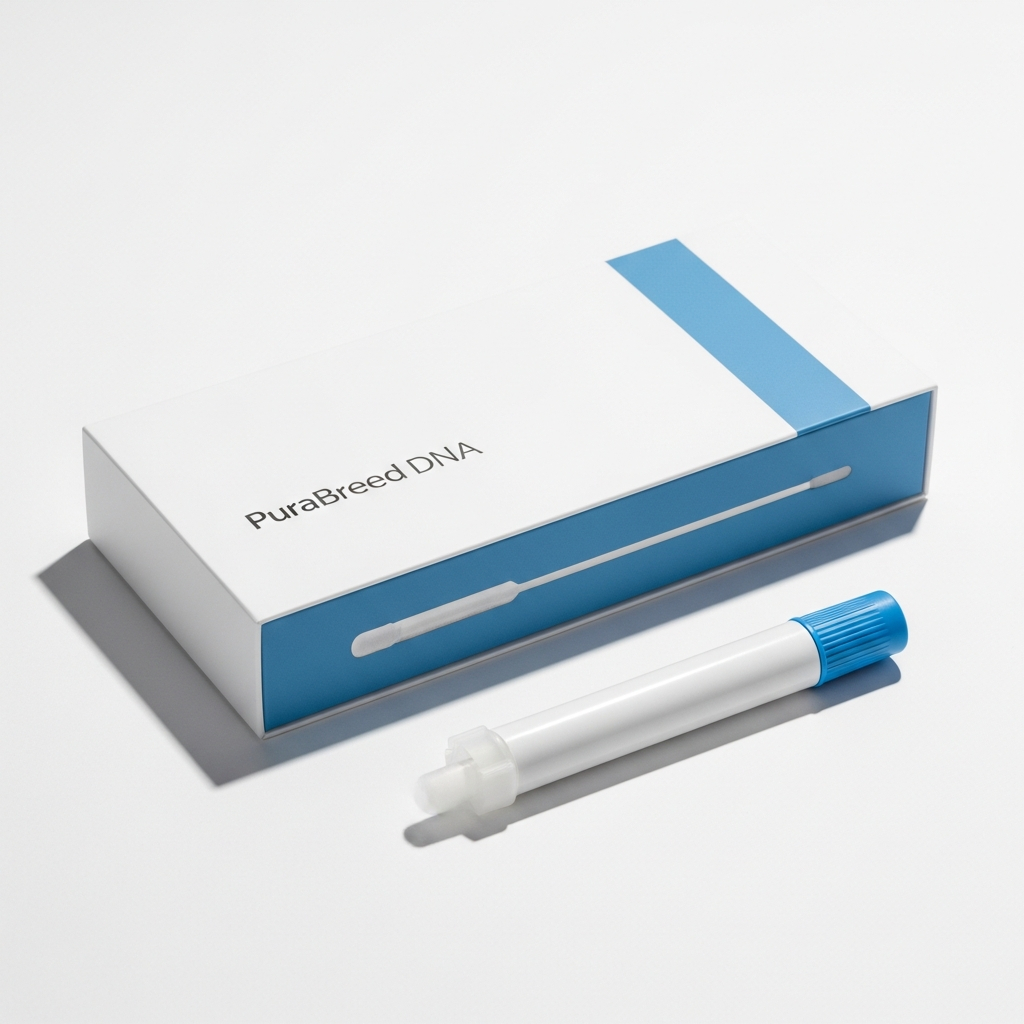 AI_IMAGE: A professional product photo of a dog DNA test kit for purebred dogs, modern white and blue packaging, a cheek swab collection tube beside the box, clean white surface with subtle shadows, commercial product photography | photorealistic | square
