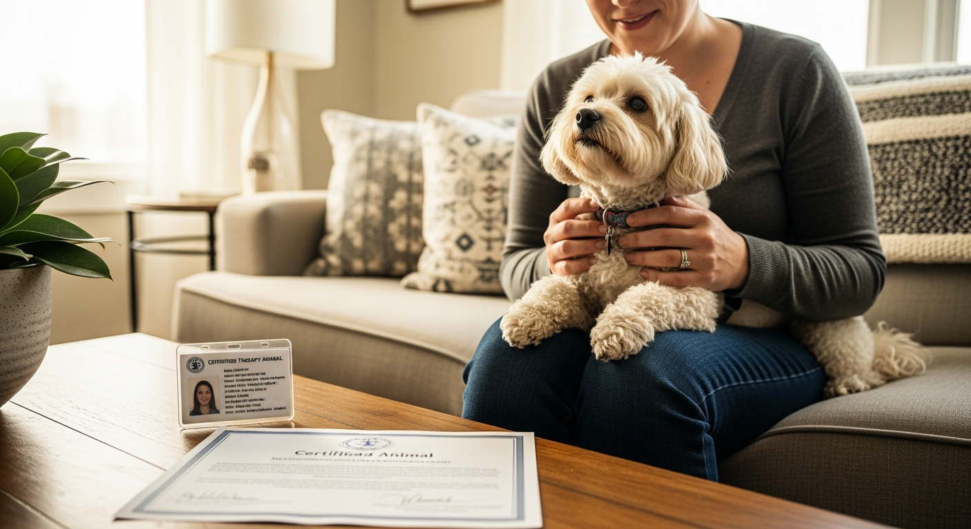 AI_IMAGE: A person sitting on a couch holding a small therapy dog on their lap with an official-looking ID card and certificate on the coffee table beside them, warm indoor natural light, editorial lifestyle photography | photorealistic | landscape