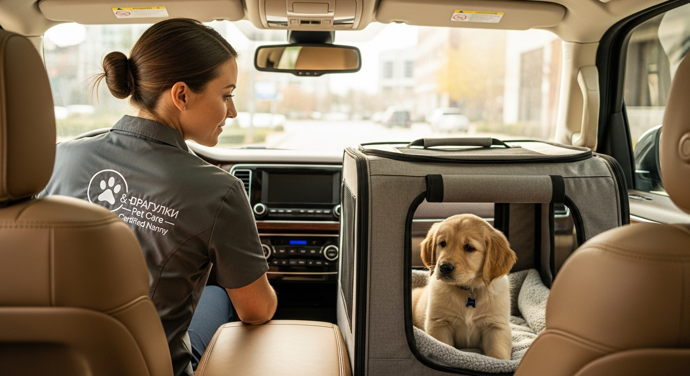 AI_IMAGE: A certified pet nanny sitting in the back seat of a spacious SUV with a small golden puppy in a comfortable travel crate, gentle natural light streaming through windows, warm documentary style | photorealistic | landscape