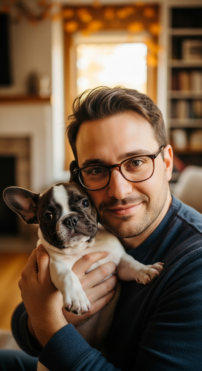 AI_IMAGE: A man in his thirties wearing glasses holding a small French bulldog puppy close to his face, both looking at camera, warm indoor living room lighting, genuine emotional connection between new owner and puppy, candid portrait | photorealistic | portrait