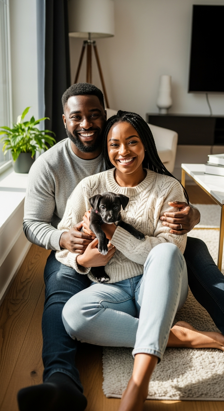 AI_IMAGE: A happy Black couple sitting on a living room floor holding their new small black puppy, both smiling warmly at the camera, bright natural window light, cozy modern home interior, candid joyful adoption moment | photorealistic | portrait