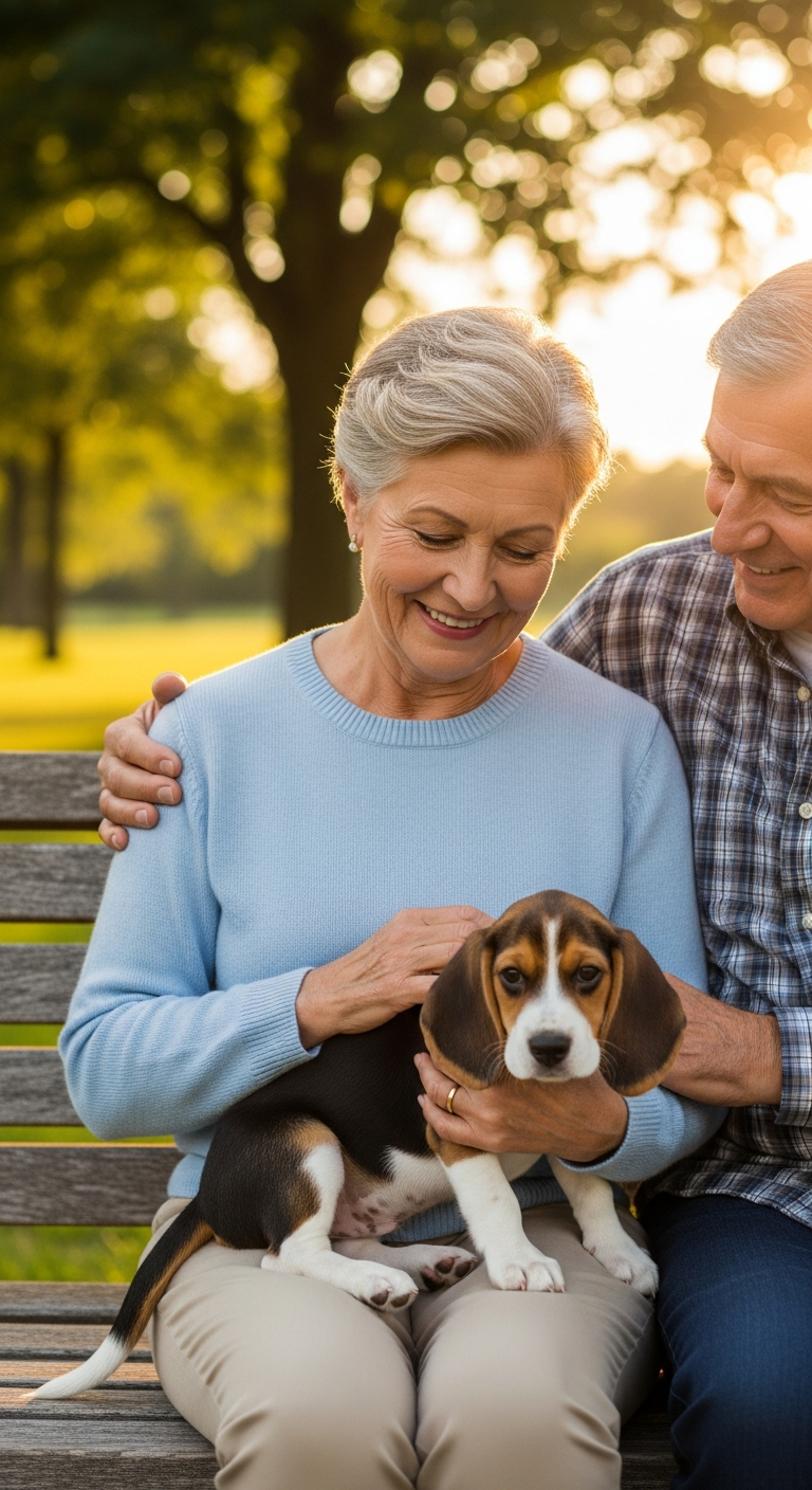 AI_IMAGE: An older couple in their sixties sitting on a park bench outdoors with a small beagle puppy on their laps, warm golden evening sunlight, green trees in soft background, genuine tender smiles, candid lifestyle photography | photorealistic | portrait