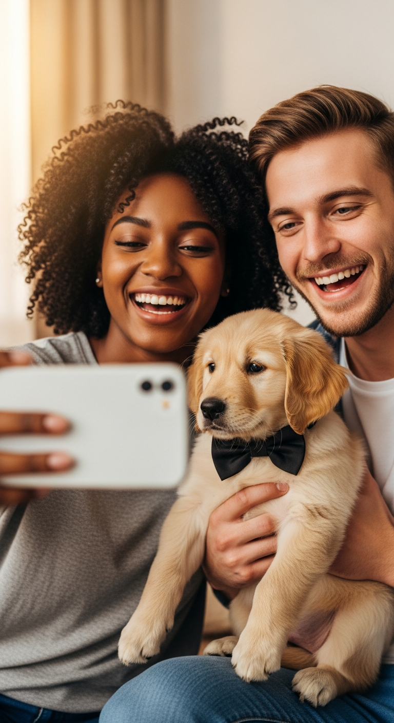 AI_IMAGE: A young interracial couple taking a selfie with their new golden retriever puppy wearing a small bow tie, bright cheerful expressions, warm indoor lighting, casual candid phone photo feel | photorealistic | portrait
