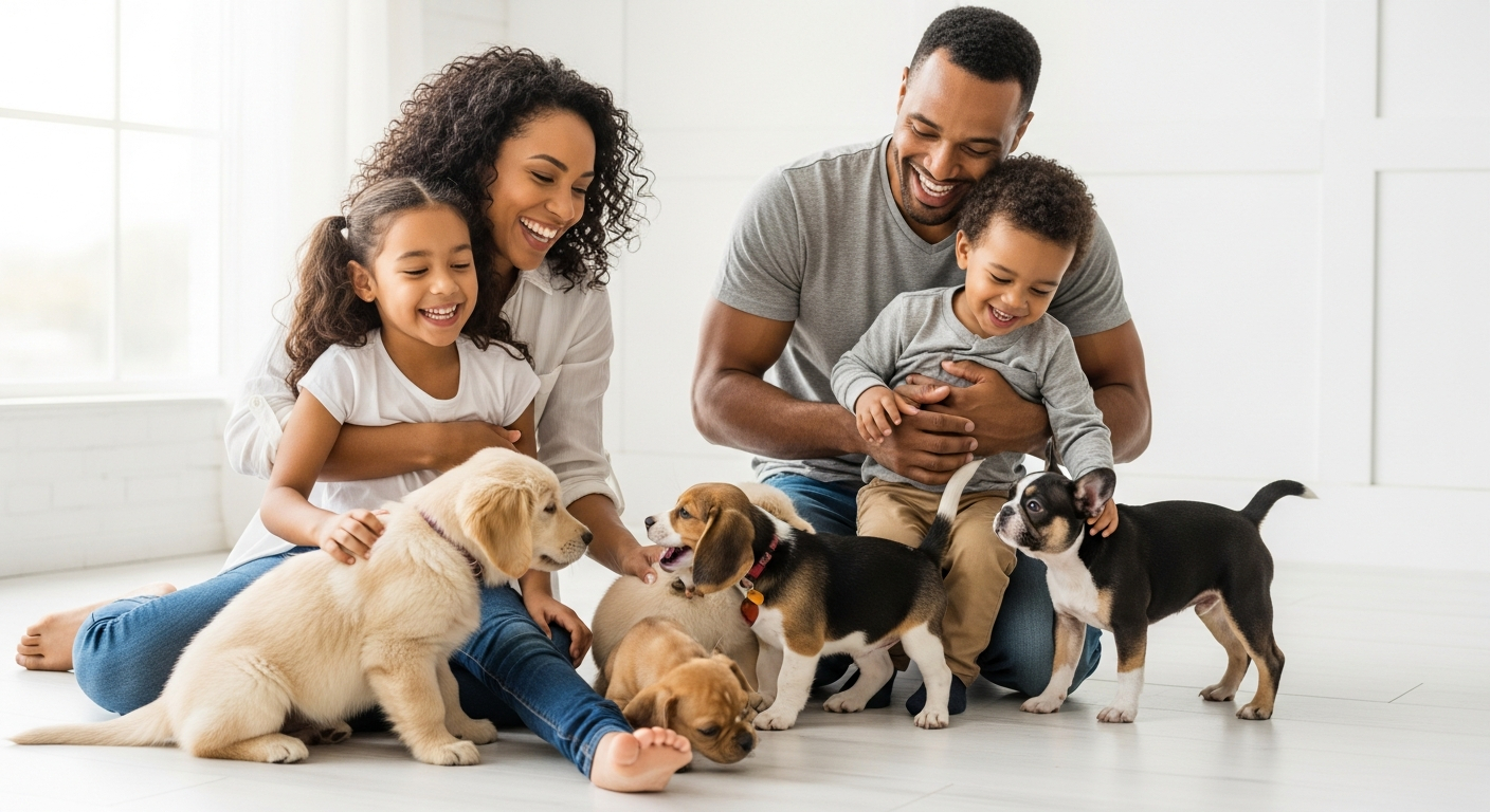 AI_IMAGE: A warm, joyful multicultural family of four — two parents and two young children — sitting on a bright white living room floor cuddling and playing with three adorable small puppies of different breeds, everyone laughing and smiling, bright natural window light flooding the room, clean white background, genuine candid family moment with real emotional warmth, professional lifestyle photography | photorealistic | landscape