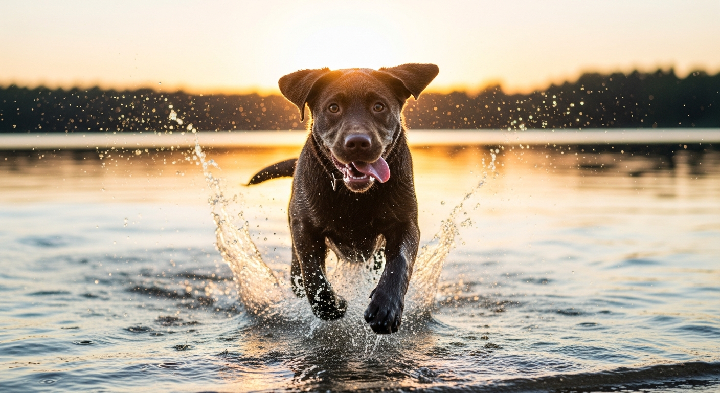 AI_IMAGE: A chocolate Labrador Retriever puppy running through shallow water at the edge of a lake, water splashing around her paws, golden sunset light behind her, joyful expression, motion-frozen action shot | photorealistic | landscape