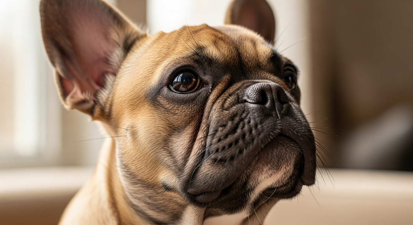 AI_IMAGE: Close-up portrait of a fawn brindle French Bulldog puppy looking slightly upward, soft window light illuminating one side of its face, shallow depth of field, warm tones | photorealistic | landscape