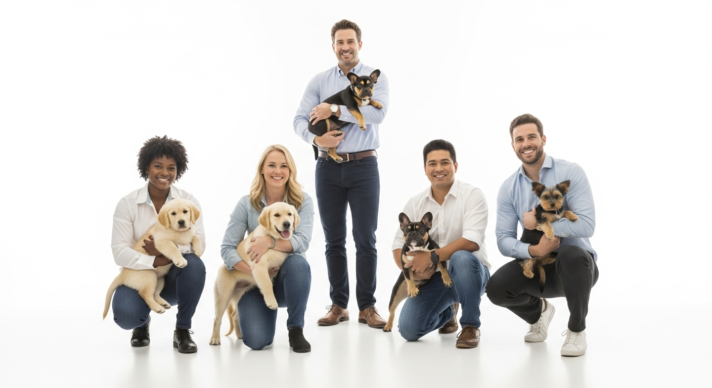 AI_IMAGE: A cheerful group of five diverse people standing in a bright white studio, each person holding or kneeling beside a different adorable puppy breed including a golden retriever puppy a french bulldog puppy and a yorkie, everyone wearing casual professional clothing and smiling warmly at camera, pure white seamless background with no shadows no overlays no tints no dark areas, extremely bright high-key studio lighting, clean crisp commercial photography, warm welcoming energy | photorealistic | landscape