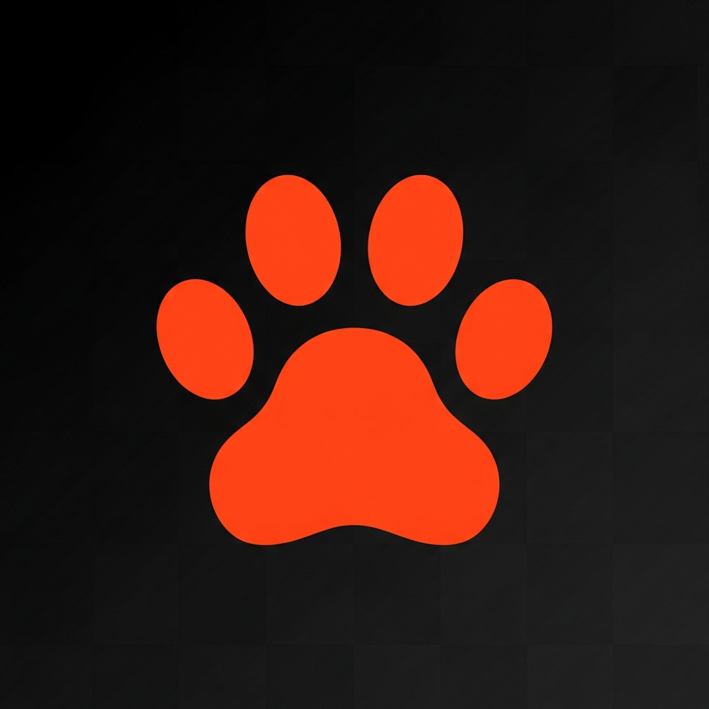 AI_IMAGE: A single orange vermillion paw print icon on a transparent-style dark background, clean flat vector design, bold solid color, centered composition, no text | flat-design | square