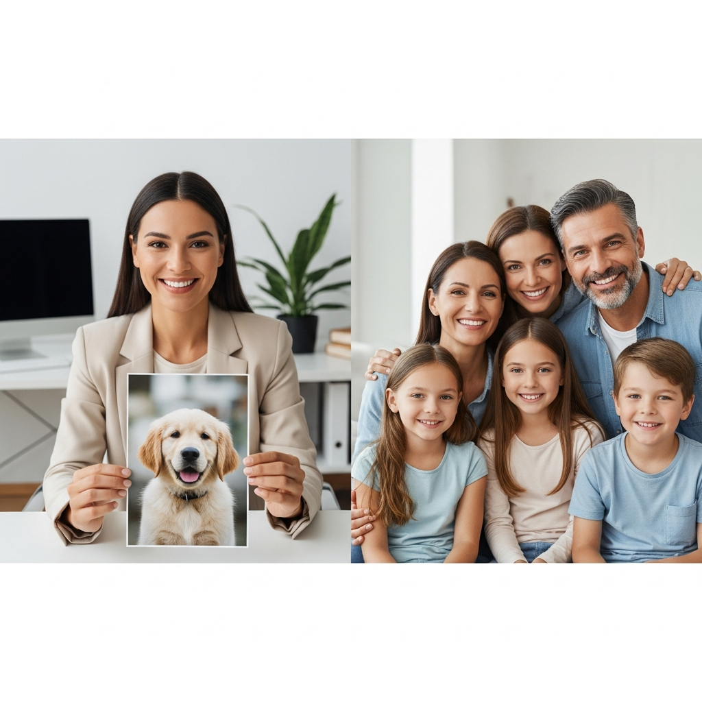 AI_IMAGE: A friendly concierge-style woman on a video call with a family, split screen composition showing the woman holding up a puppy photo and the family smiling on screen, warm modern office environment, editorial photography | photorealistic | square