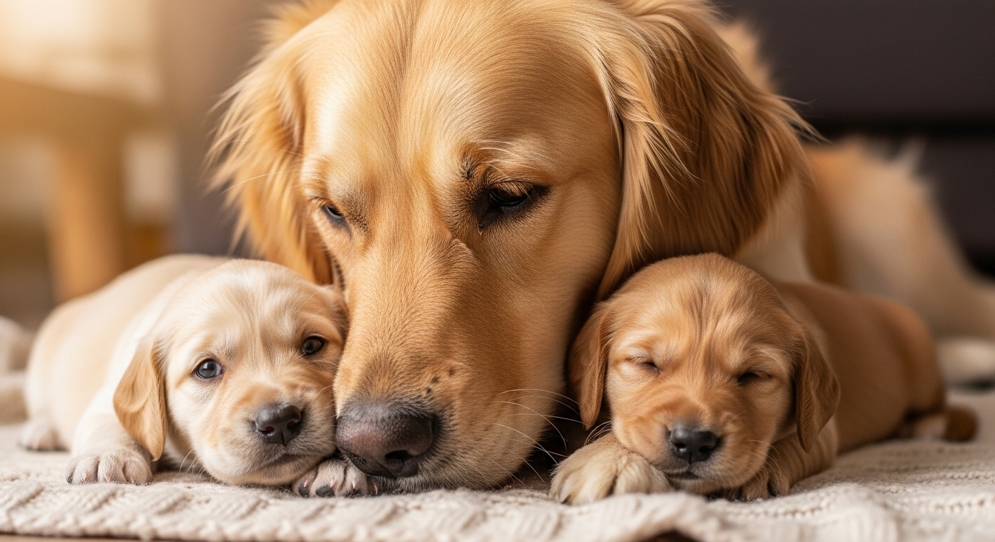 AI_IMAGE: A heartwarming close-up of a mother golden retriever gently nuzzling her two small puppies on a soft blanket, warm indoor lighting, shallow depth of field, cozy and nurturing atmosphere | photorealistic | landscape