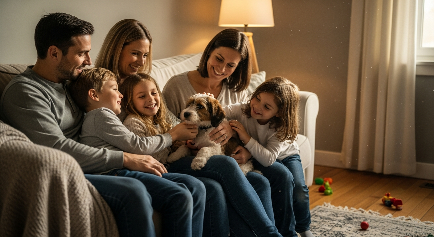 AI_IMAGE: A warm family scene with foster parents and children cuddling a rescued mixed-breed puppy in a cozy living room, soft warm lighting, lifestyle photography, genuine emotion and tenderness | photorealistic | landscape