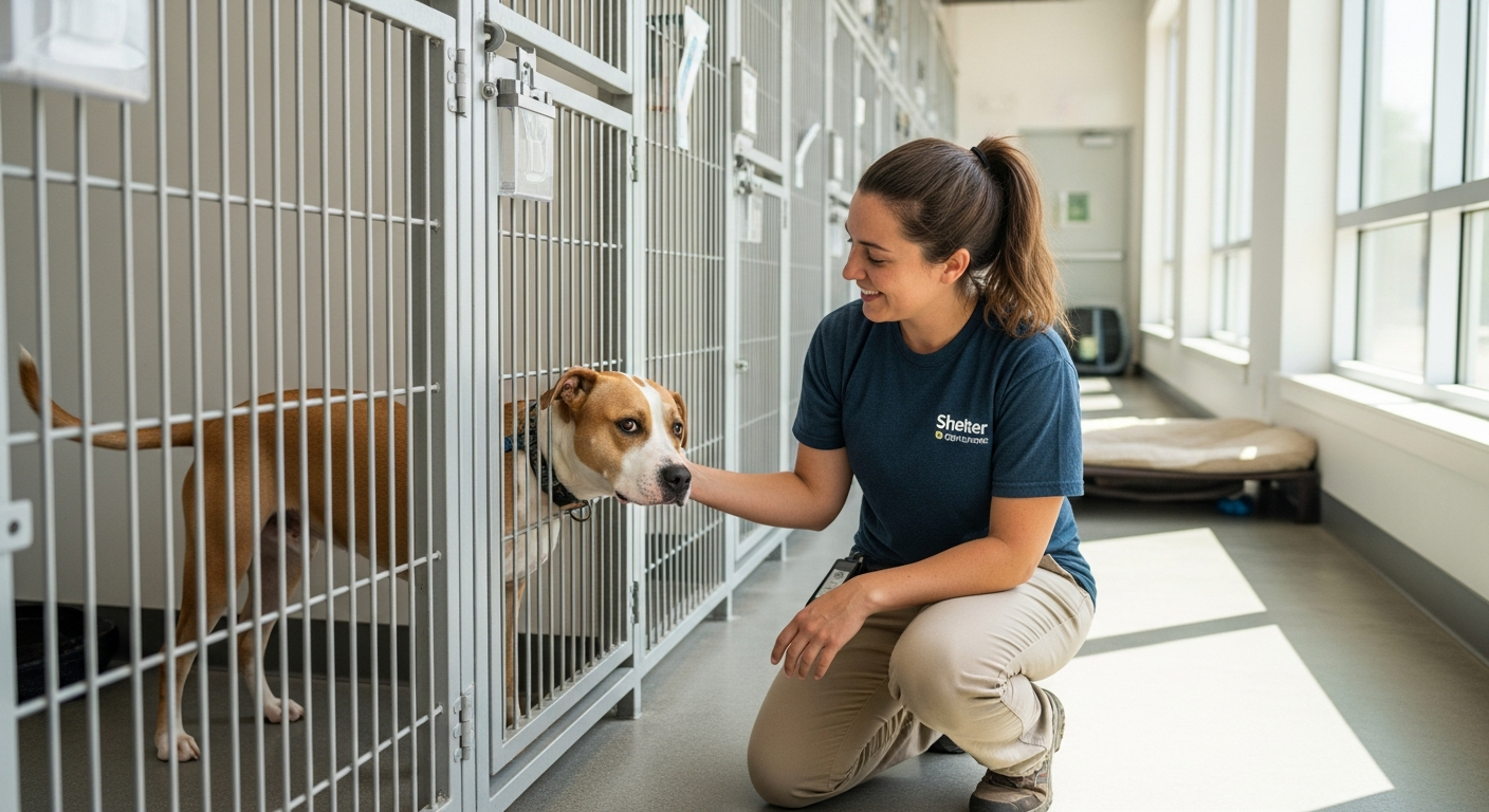 AI_IMAGE: A volunteer at a clean modern dog shelter kneeling beside kennel runs, interacting with a gentle pit bull mix through the gate, natural daylight streaming through large windows, professional documentary style | photorealistic | landscape