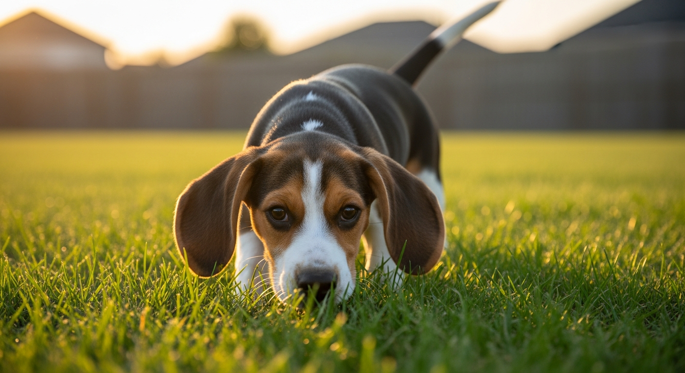 AI_IMAGE: A tricolor beagle puppy sniffing through tall green grass in a fenced suburban backyard, golden hour side lighting, shallow depth of field, joyful candid moment | photorealistic | landscape