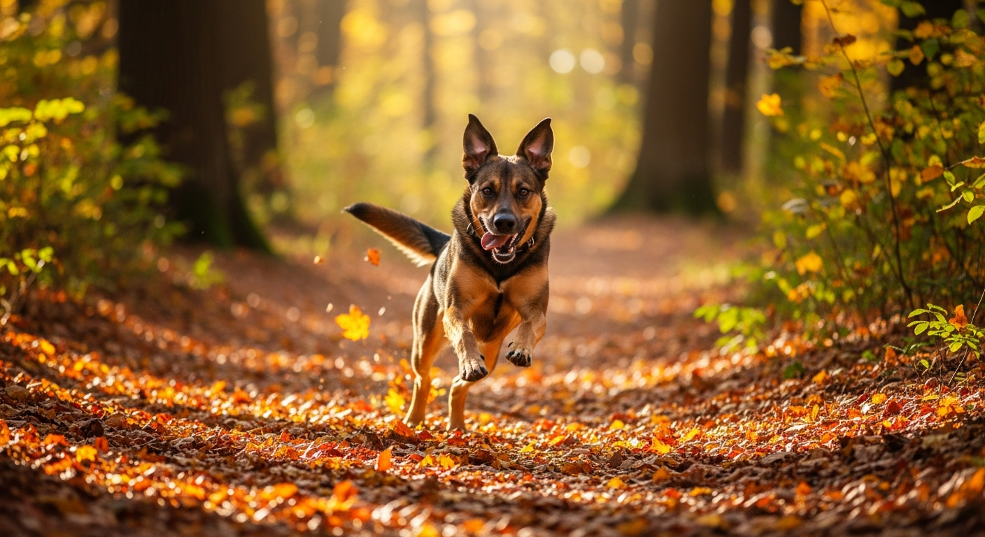 AI_IMAGE: A brown and black mixed-breed dog mid-stride running joyfully along a forest trail covered in fallen leaves, dynamic action shot at eye level, cinematic shallow depth of field, autumn golden light | photorealistic | landscape