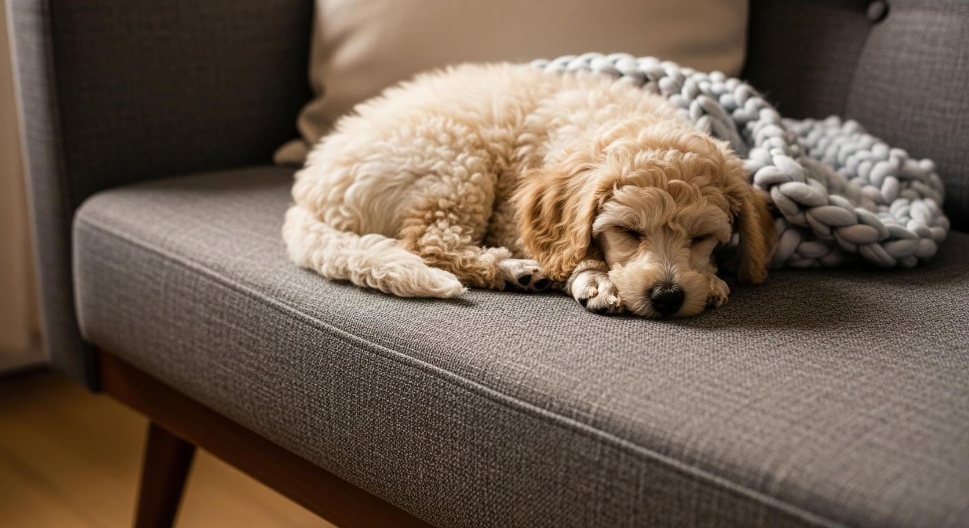 AI_IMAGE: A cream miniature poodle puppy curled up sleeping on a mid-century modern gray sofa with a soft knit blanket, warm interior ambient light, cozy lifestyle photography | photorealistic | landscape